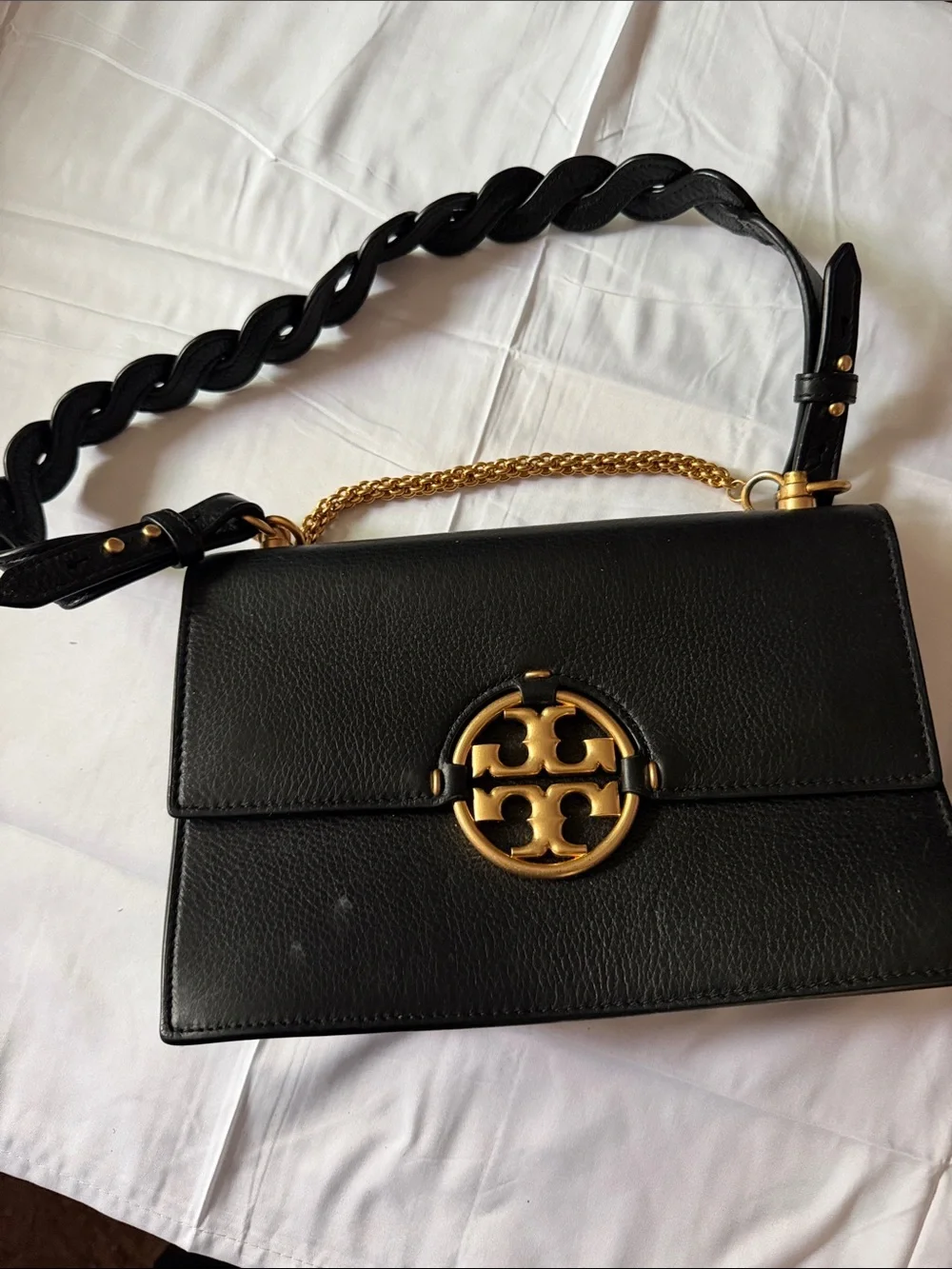 Tory Burch Black Leather Shoulder Bag with Gold Emblem and Chain